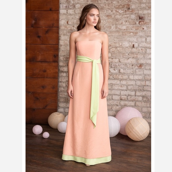 NWT Kathlin Argiro Atelier Pink Strapless Taffeta Gown with Pistachio Sash - Picture 2 of 16